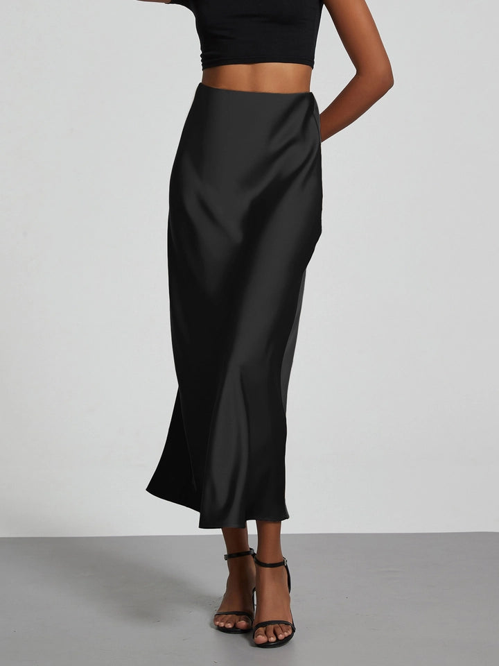 Ladies Solid Color Glossy Mid Length Skirt