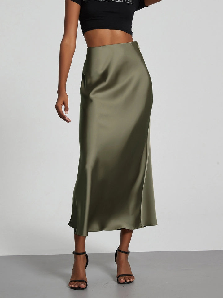 Ladies Solid Color Glossy Mid Length Skirt