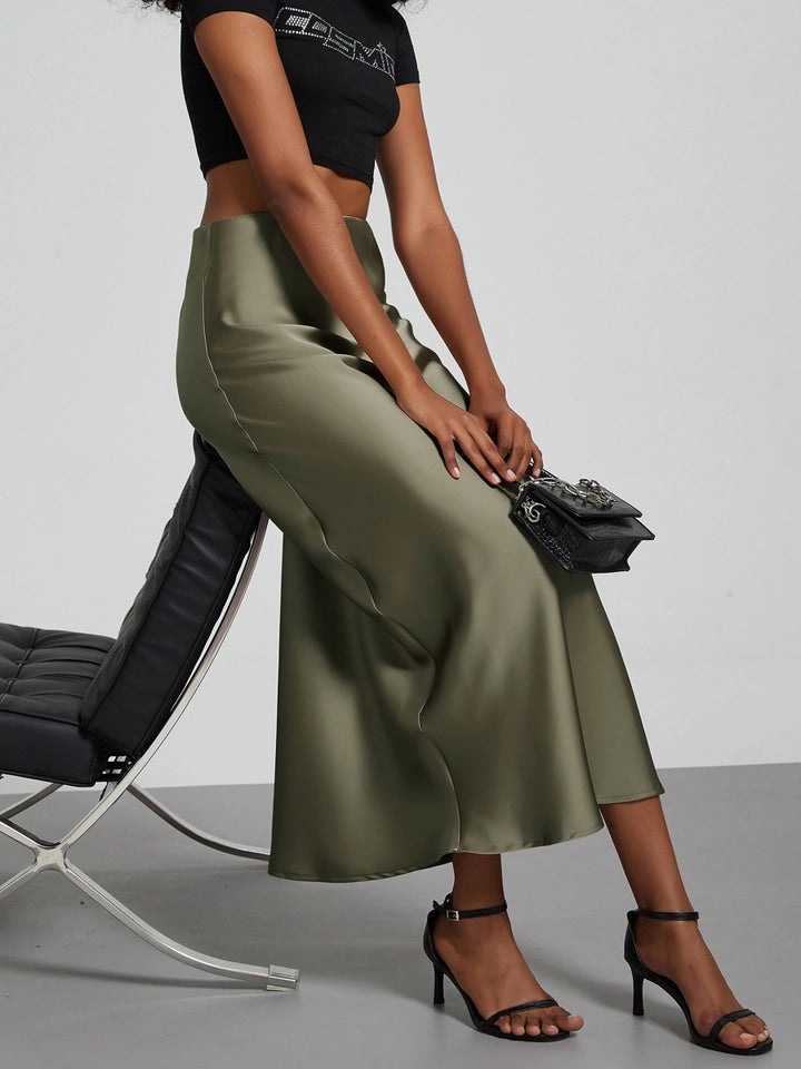 Ladies Solid Color Glossy Mid Length Skirt