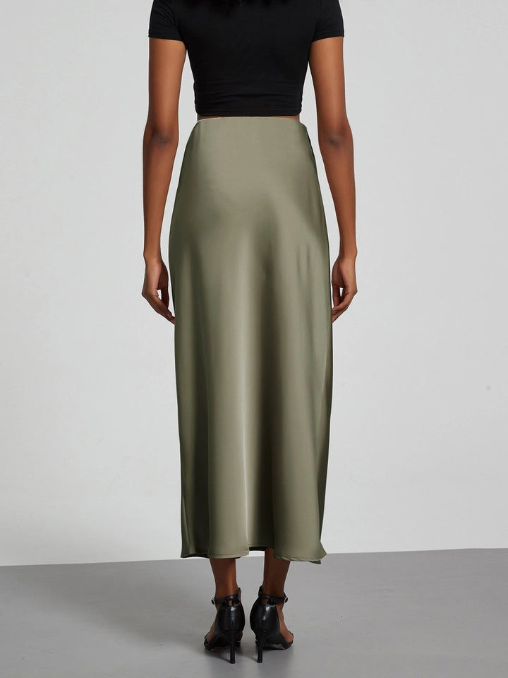 Ladies Solid Color Glossy Mid Length Skirt