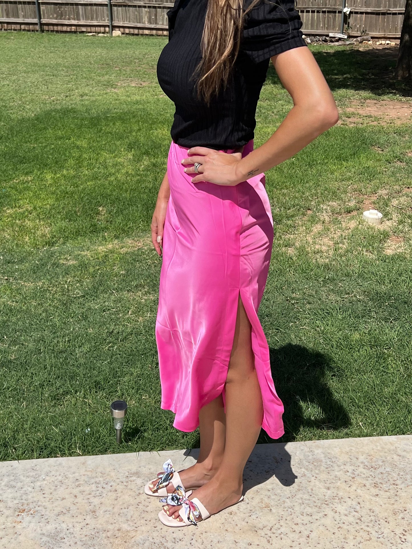 Ladies Medium Weight Satin Midi Skirt with Side Slit and Side Zipper by Umgee