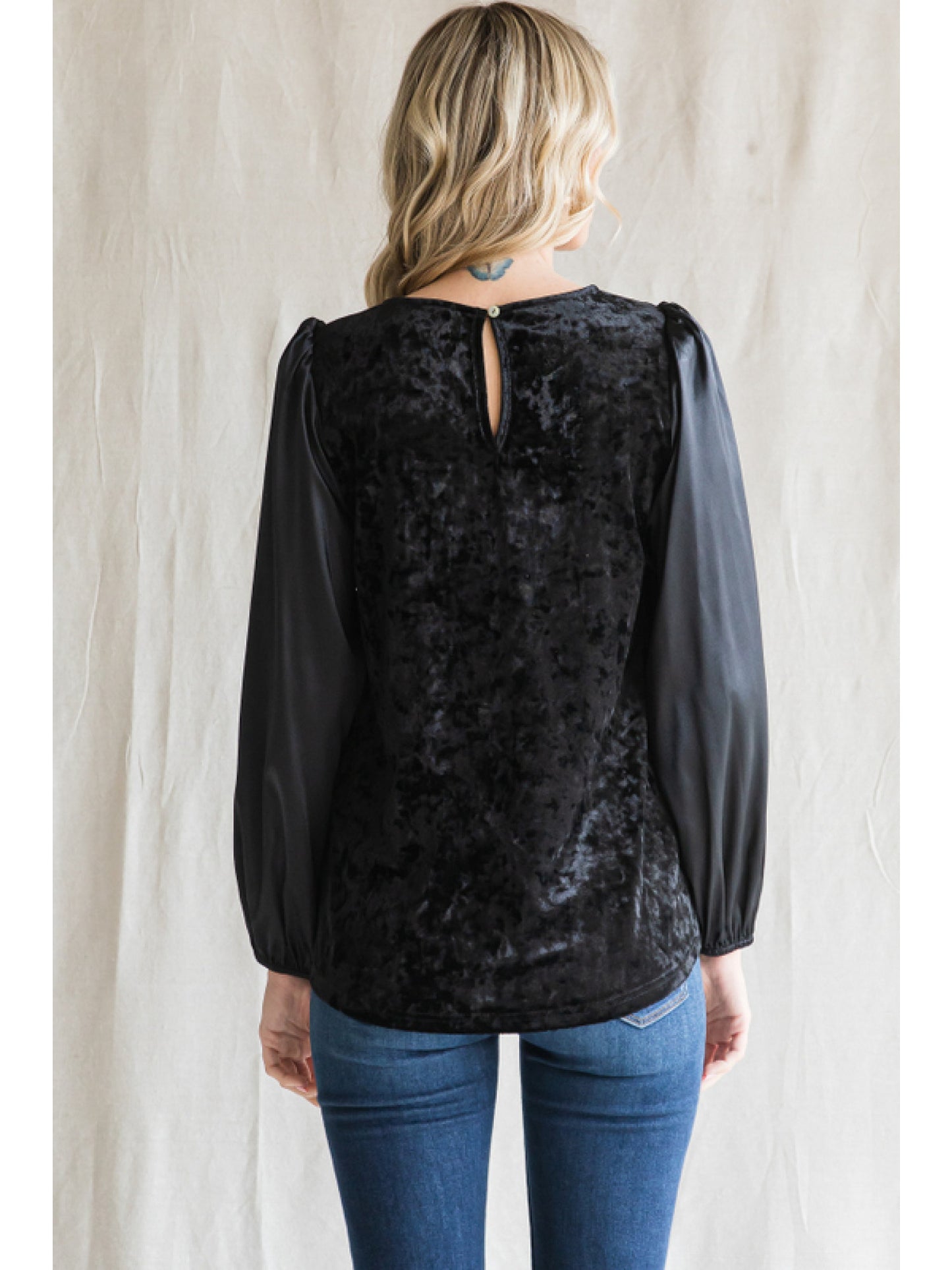 Ladies Mixed Fabric Top With U-Neck and Long Peasant Sleeves by JODIFL