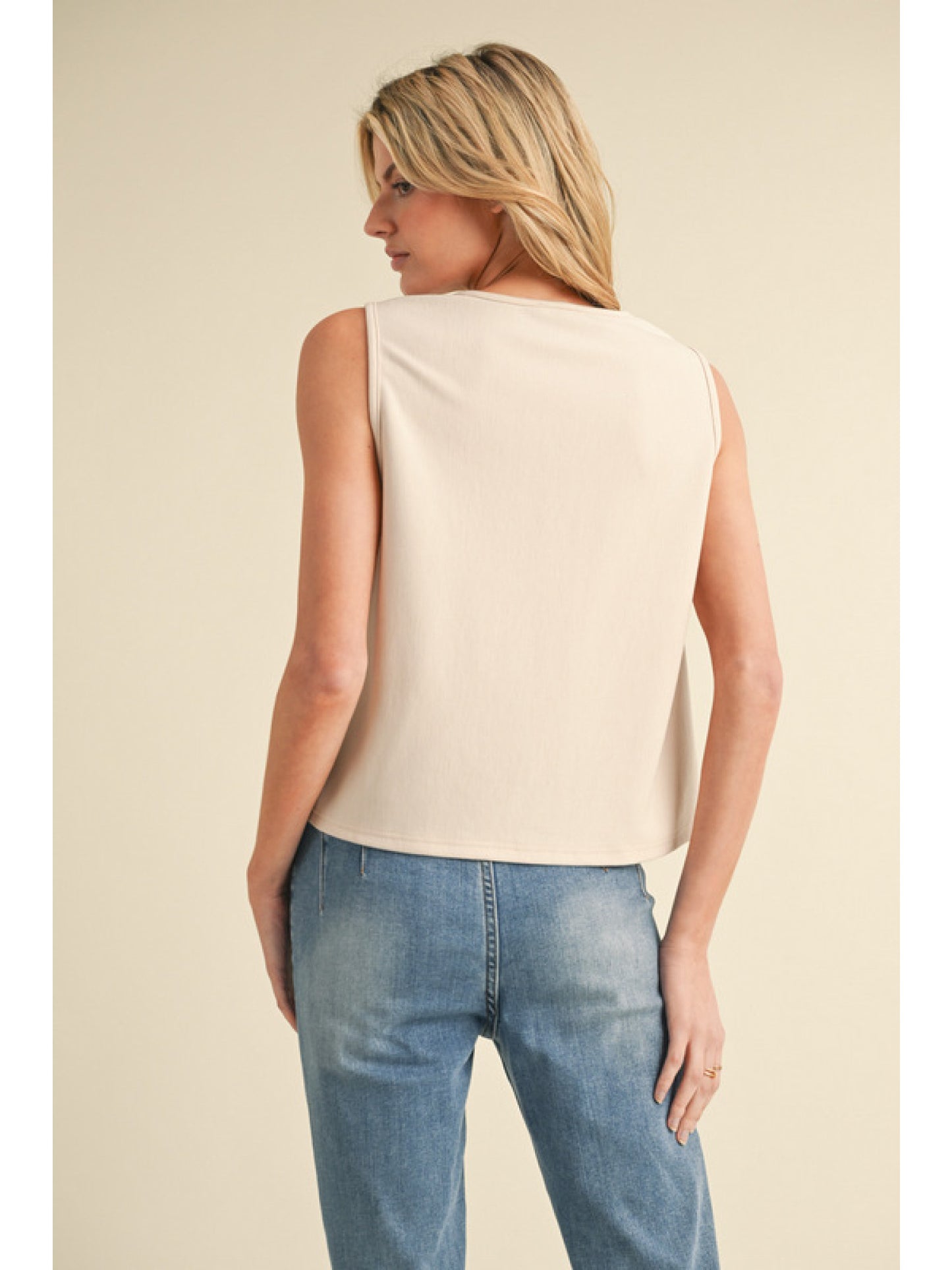 Ladies Jodifl Solid Vest With V-Neck and Front Bow Ties Closure-Oatmeal