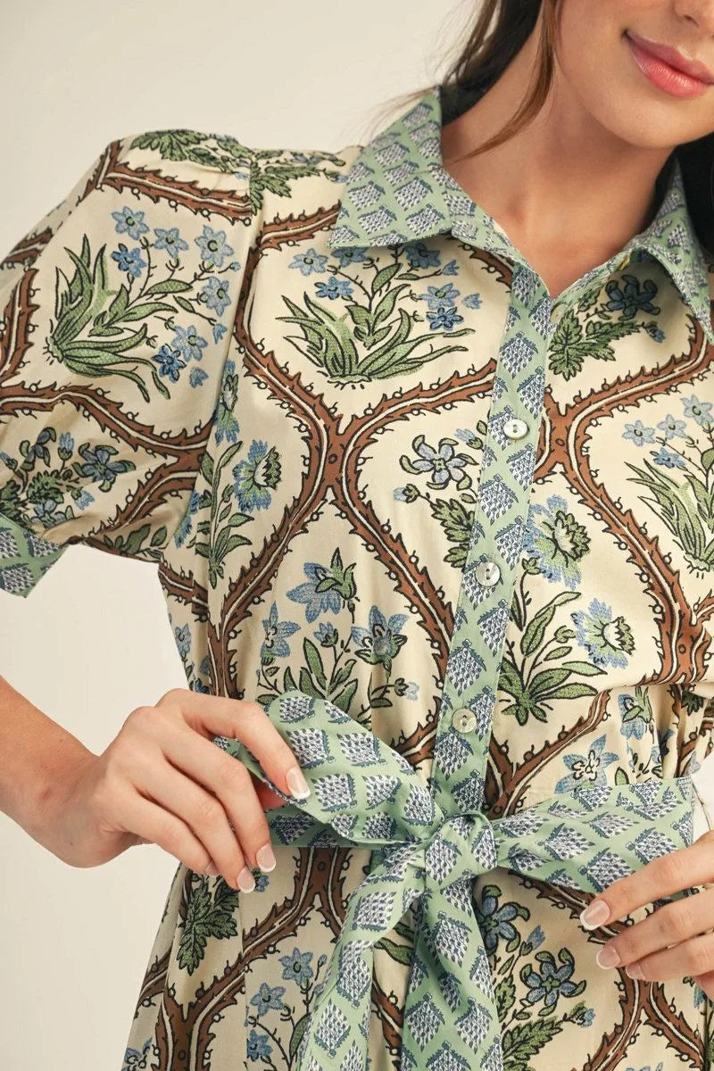Ladies Short Sleeve Button Down Floral Midi Dress-Natural Mix