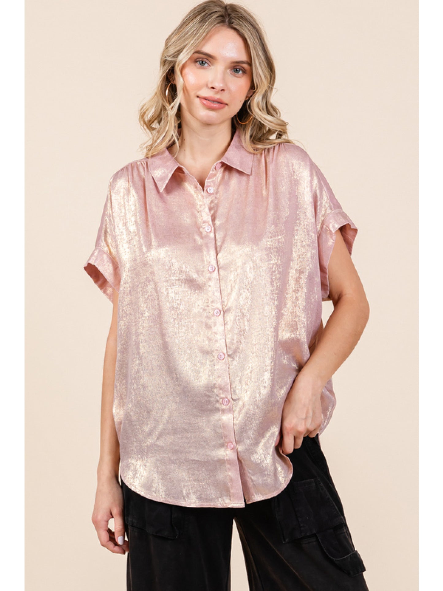 Ladies Jodifl Metallic Collared Button Up Top With Cuffed Short Sleeves and Ruched Shoulders
