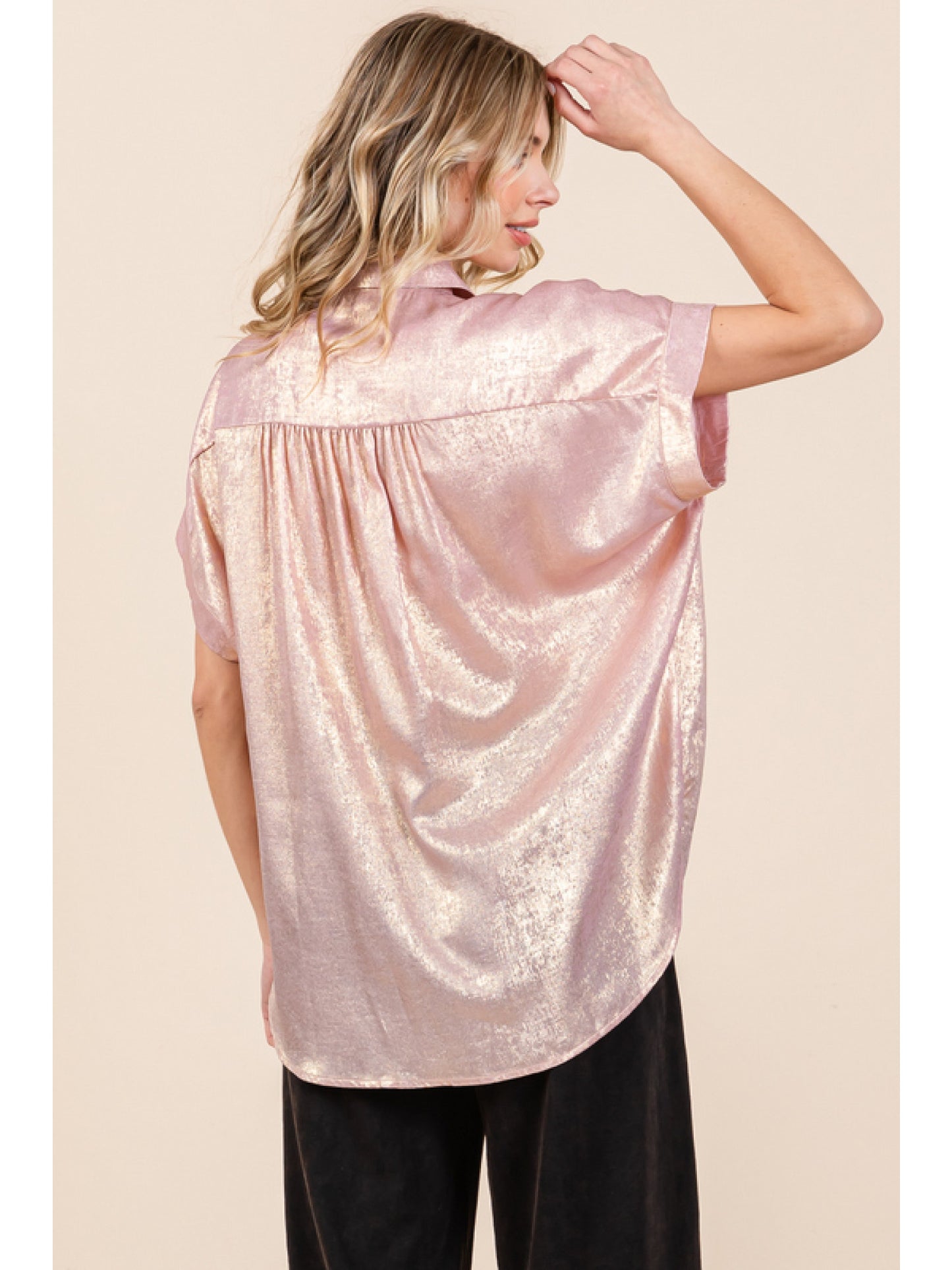 Ladies Jodifl Metallic Collared Button Up Top With Cuffed Short Sleeves and Ruched Shoulders