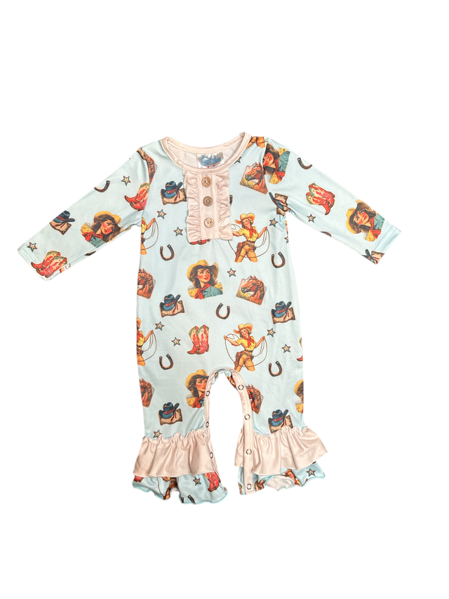 Girls Blue Vintage Cowgirl Long Sleeve Romper by Shea Baby