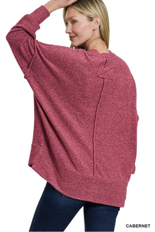 Ladies Brushed Melange Hacci Oversized Sweater-Cabernet