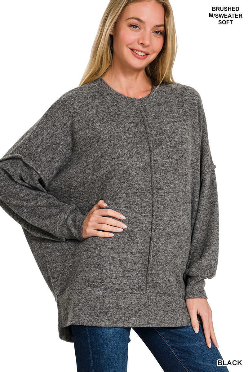 Ladies Brushed Melange Hacci Oversized Sweater-Black
