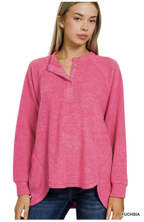 Ladies Zenana Brushed Melange Hacci Oversized 7-Button Henley Placket Sweater-Fuchsia