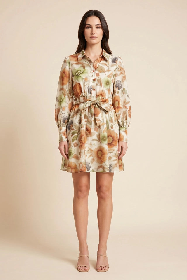Ladies Floral Buttoned Detailed Collared Shirt Dress-Rust