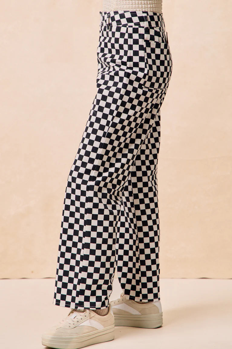 Ladies Bibi Game Day Theme Plaid Printed Pants-Black
