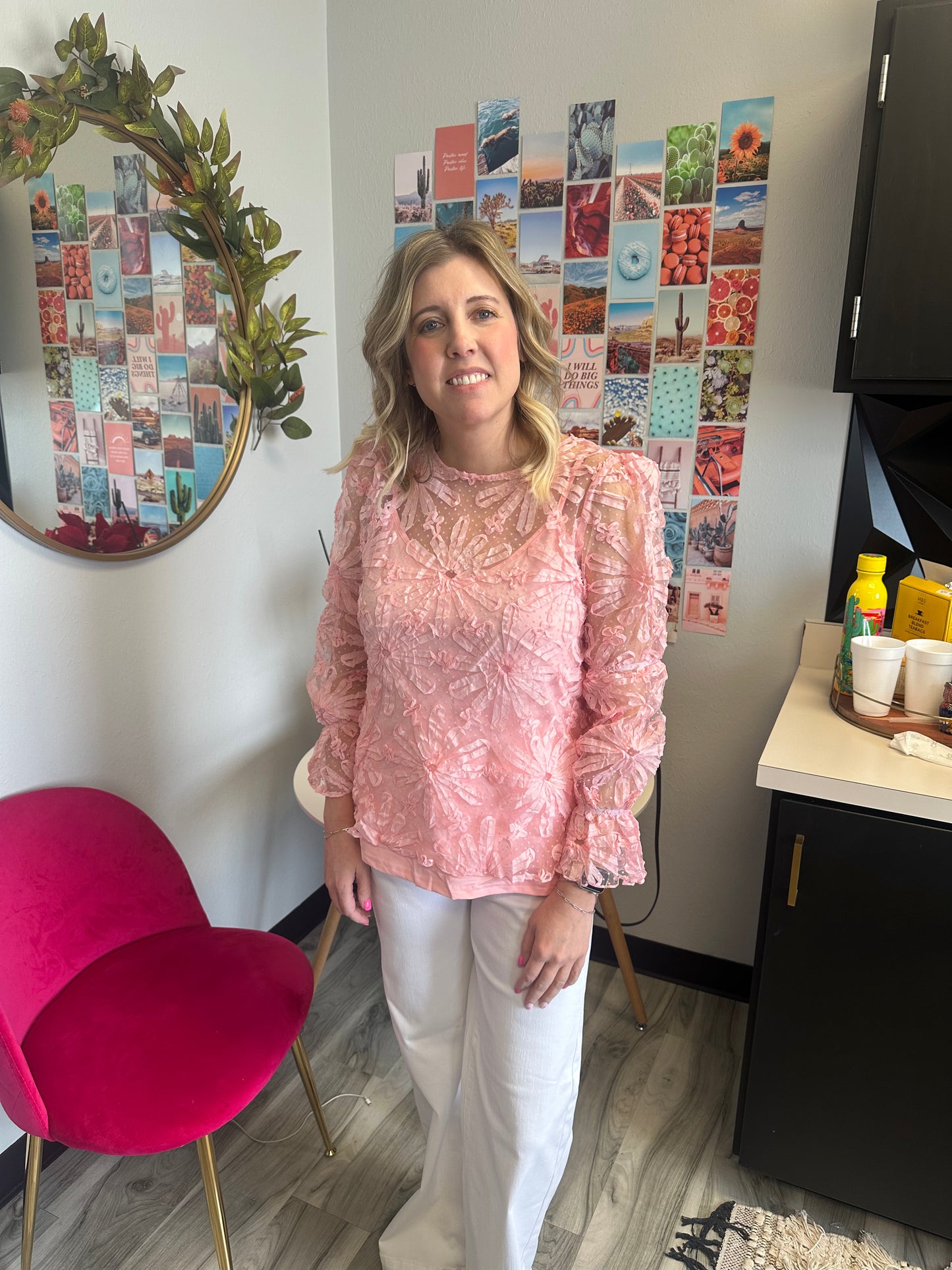 Ladies Pink Flower Dotted Ruffled Sleeve Mesh Top