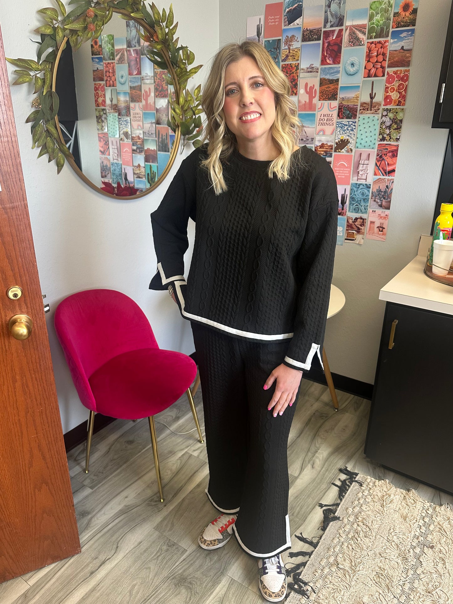 Ladies Cable Knit Pattern Long Sleeve Top and Pants by Why Dress-Black