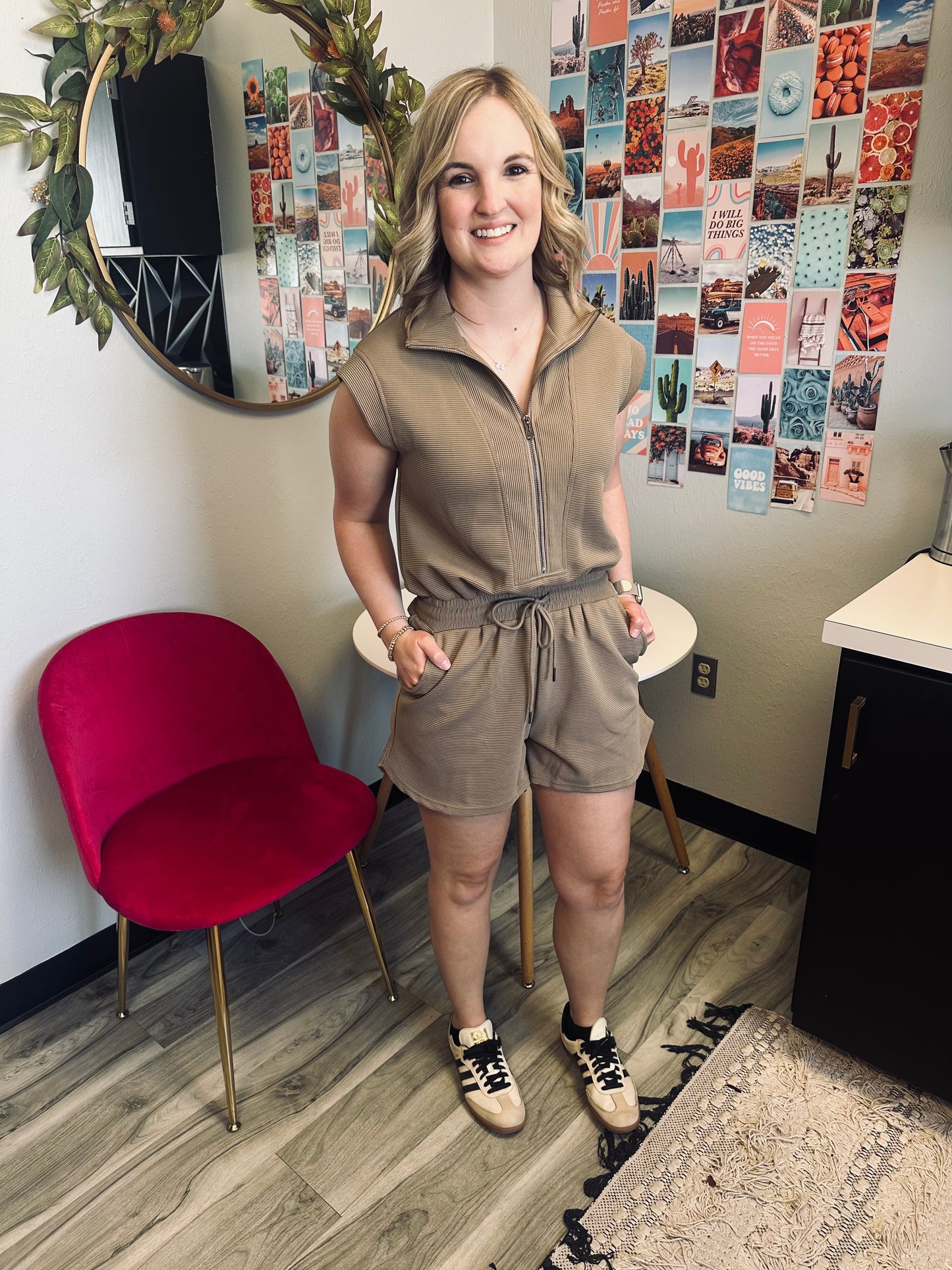 Ladies Dark Khaki Textured Short Sleeve Half Zip Drawstring Waist Romper