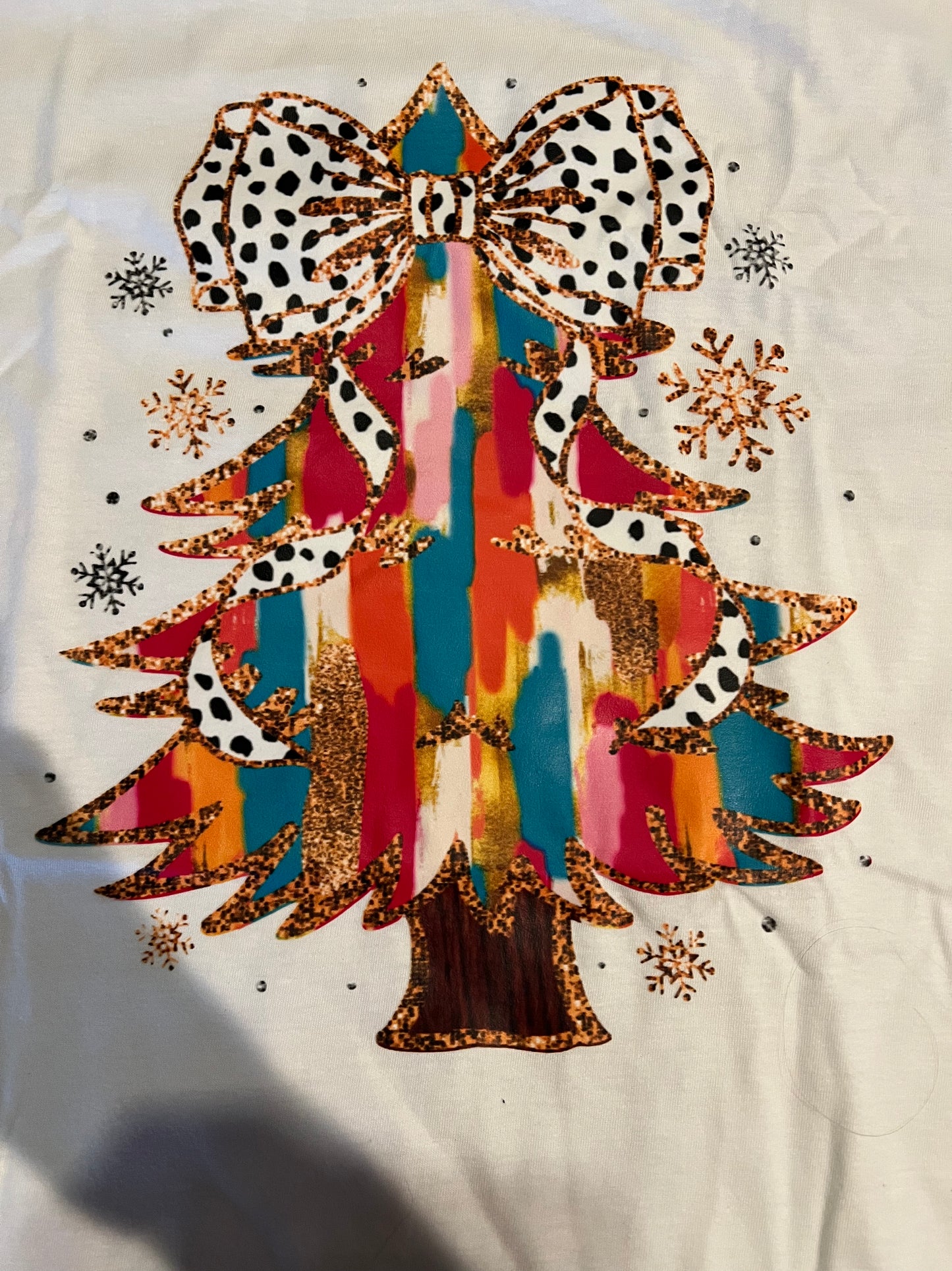 Ladies Watercolor Christmas Tree Crewneck Tee-White