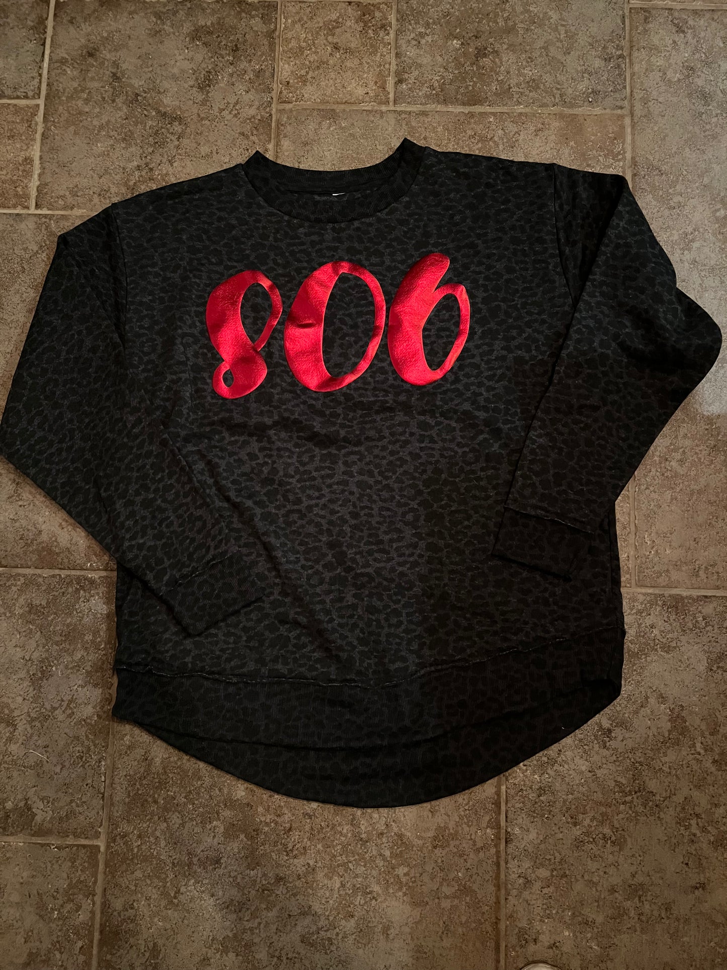 Ladies Black Leopard Sweatshirt With Red Metallic Puff-806