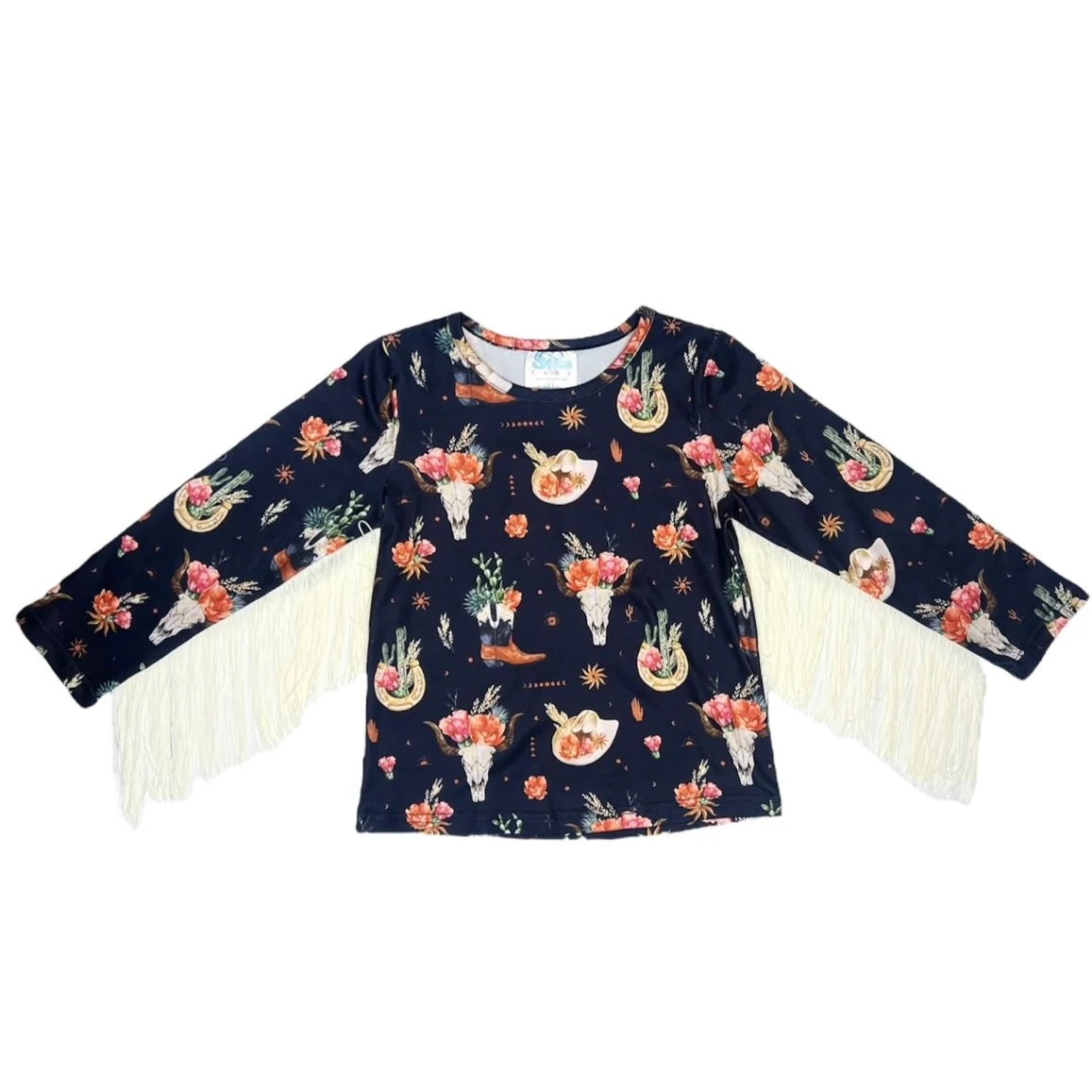 Girls Black Floral Skull w/Fringe Shirt by Shea Baby