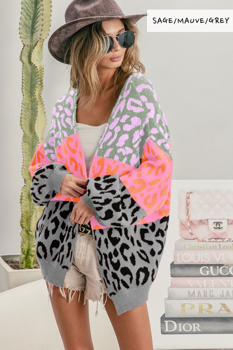Ladies BiBi Leopard Print Color Block Sweater Cardigan