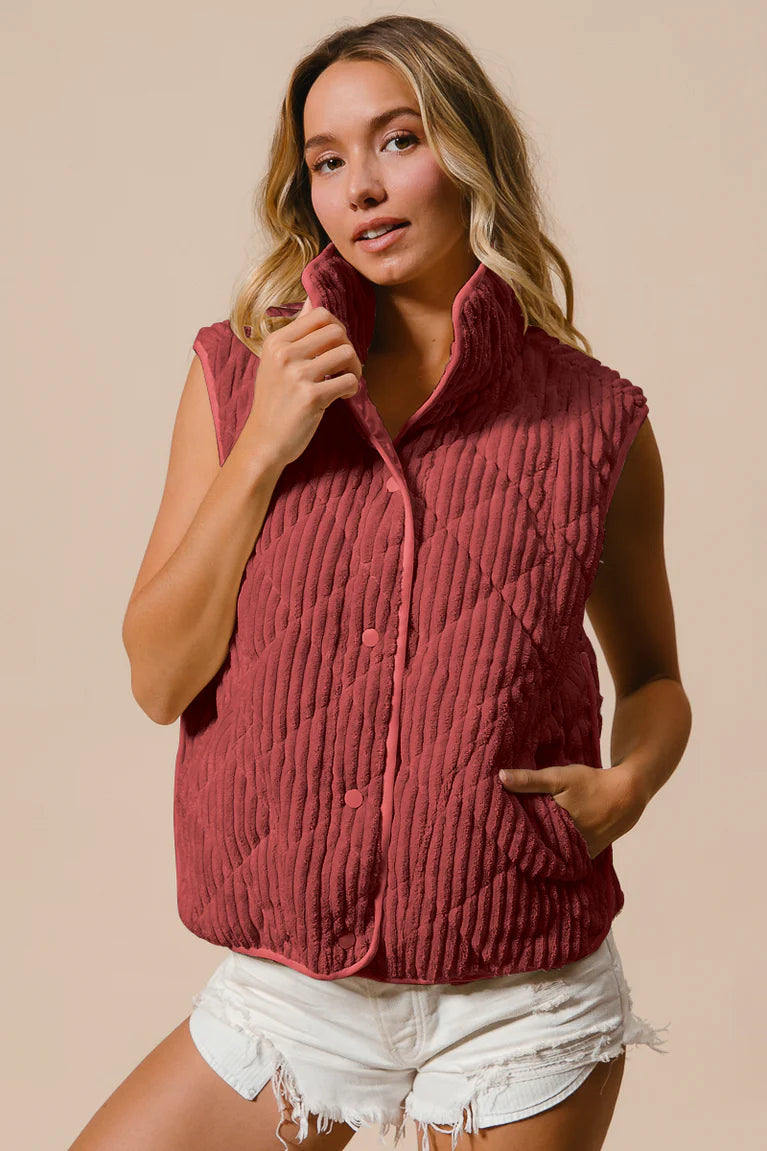 Ladies Bibi Quilted Corduroy Buttoned Vest With Pockets - Marsala