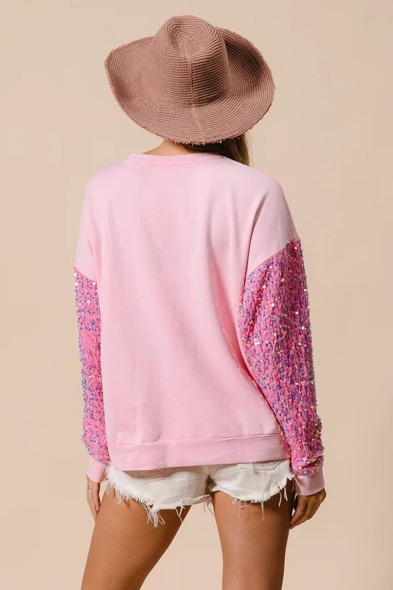 Ladies BiBI Velvet Sequin Santa Sweatshirt-Pink