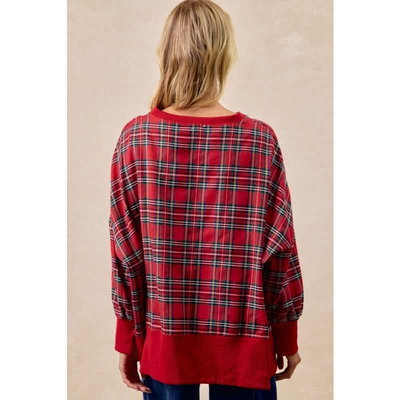 Ladies Holly Jolly Christmas Plaid Oversized Sweatshirt-Red Plaid