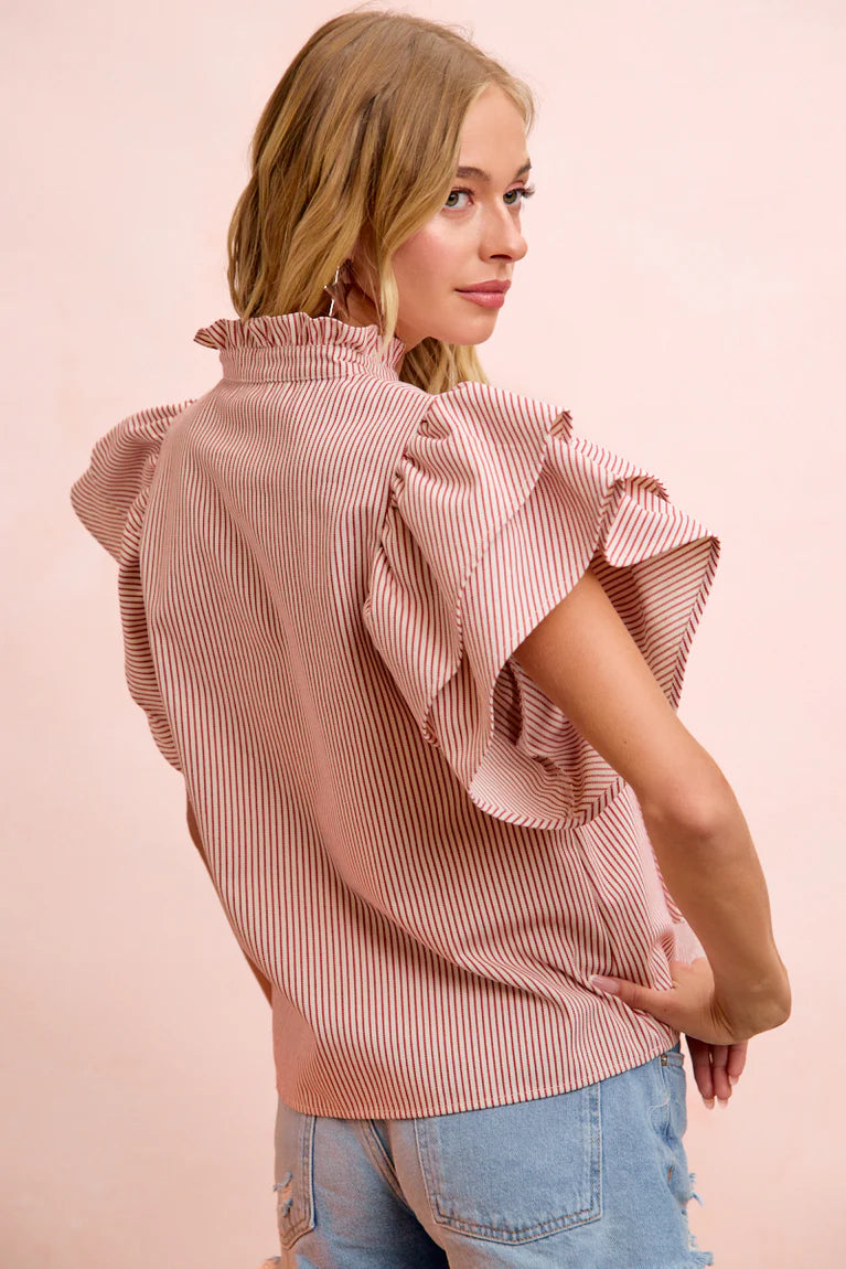 Ladies Woven Ruffled Sleeves Top-Red