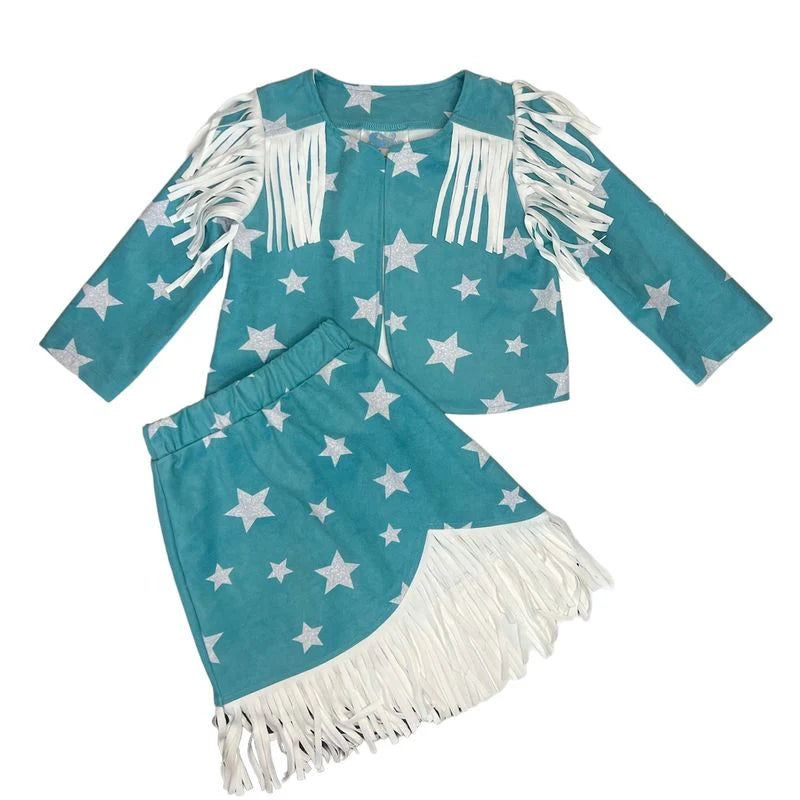 Girls Star Suede Fringe Turq/White Set by Shea Baby