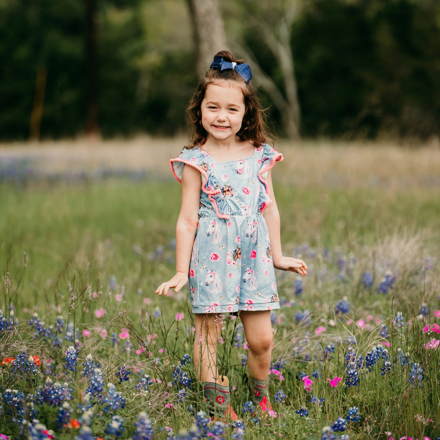 Girls Blue Floral Horse Shorts Romper by Shea Baby