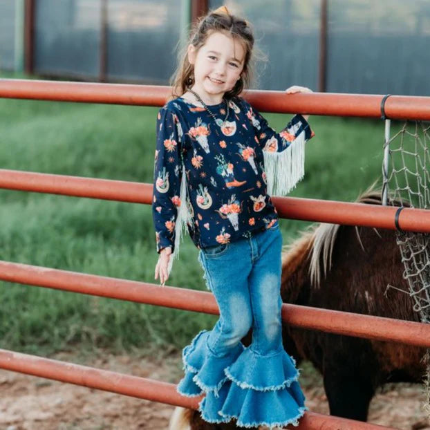 Girls Black Floral Skull w/Fringe Shirt by Shea Baby