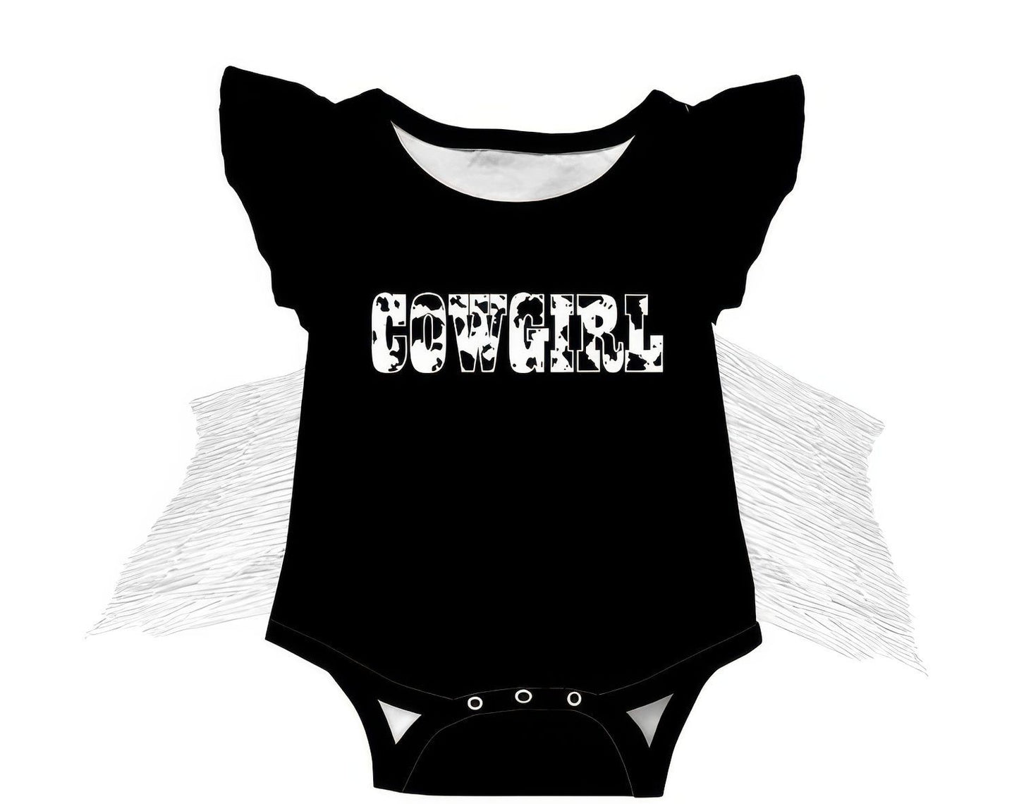 Girls Black Cowprint Fringe Shirt by Shea Baby
