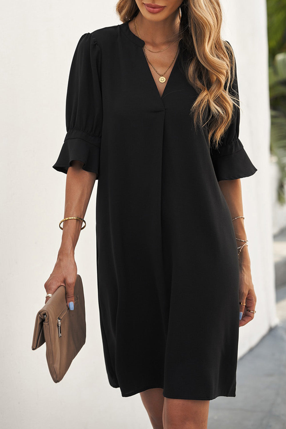 Ladies Black Ruffled Sleeve Shift Dress