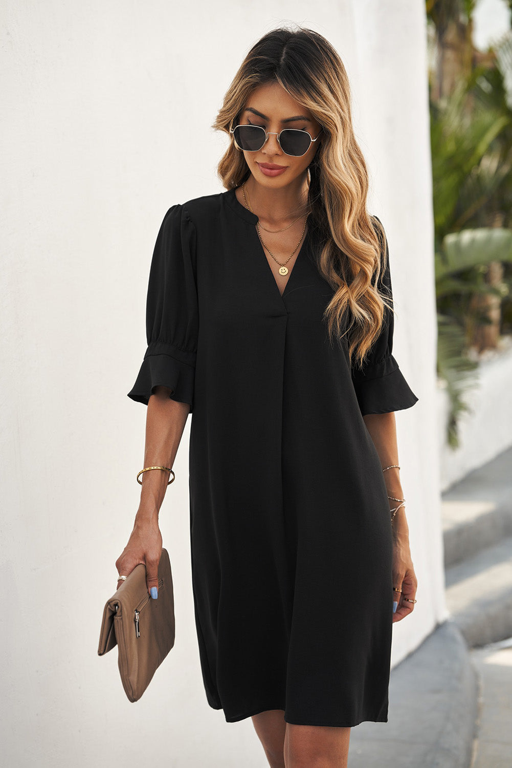 Ladies Black Ruffled Sleeve Shift Dress