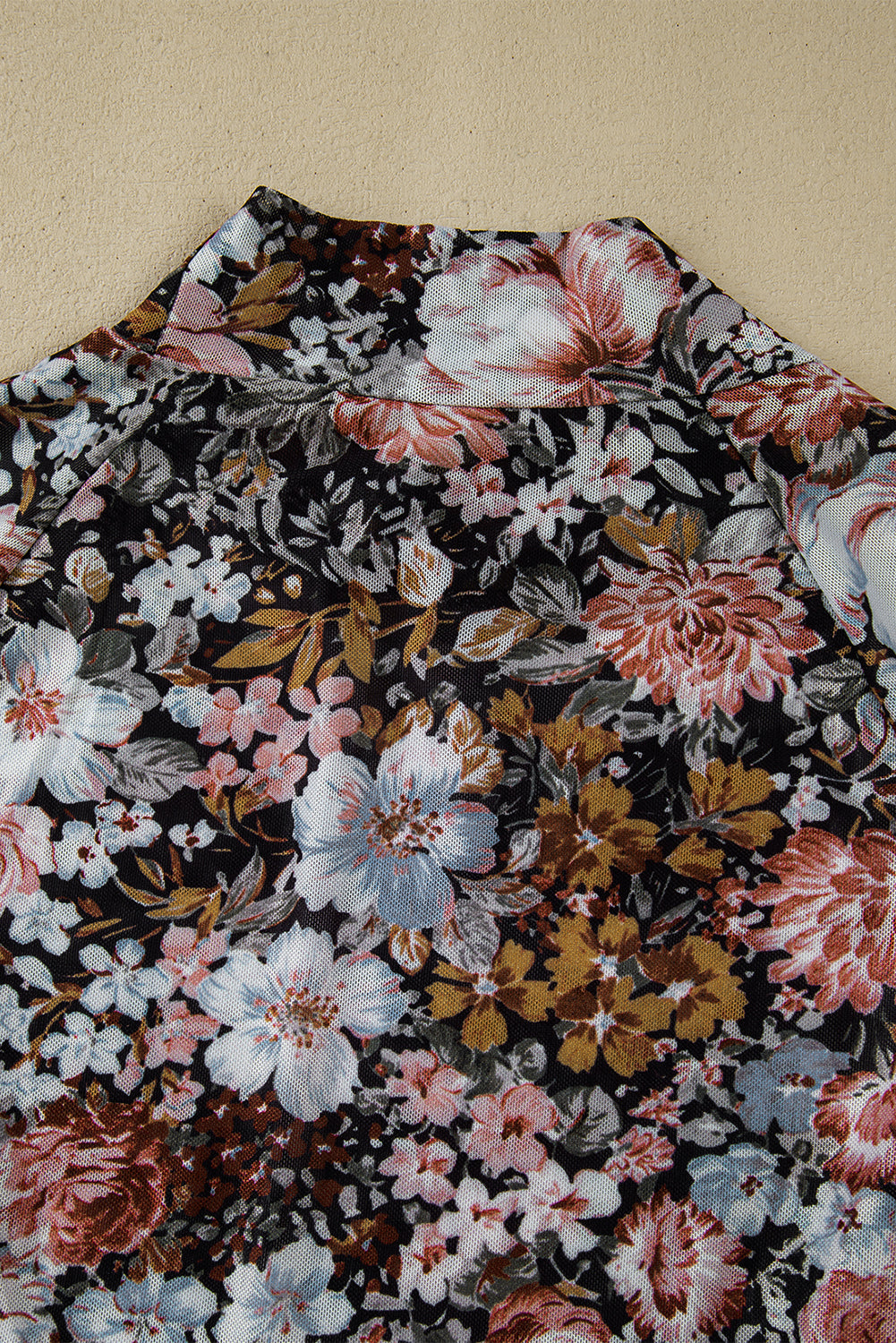 Ladies Brown Floral Long Sleeve High Neck Sheath Mesh Blouse