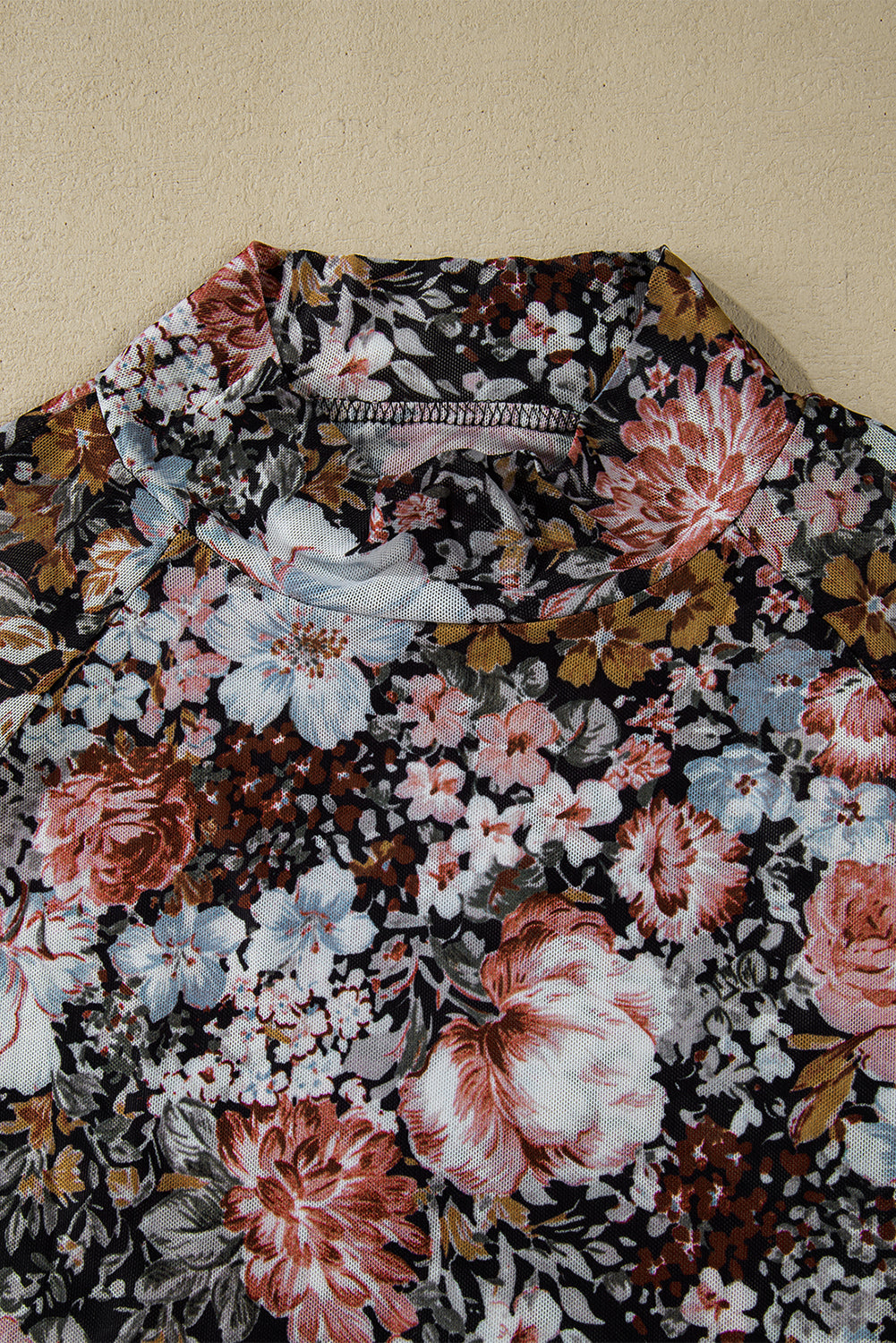 Ladies Brown Floral Long Sleeve High Neck Sheath Mesh Blouse