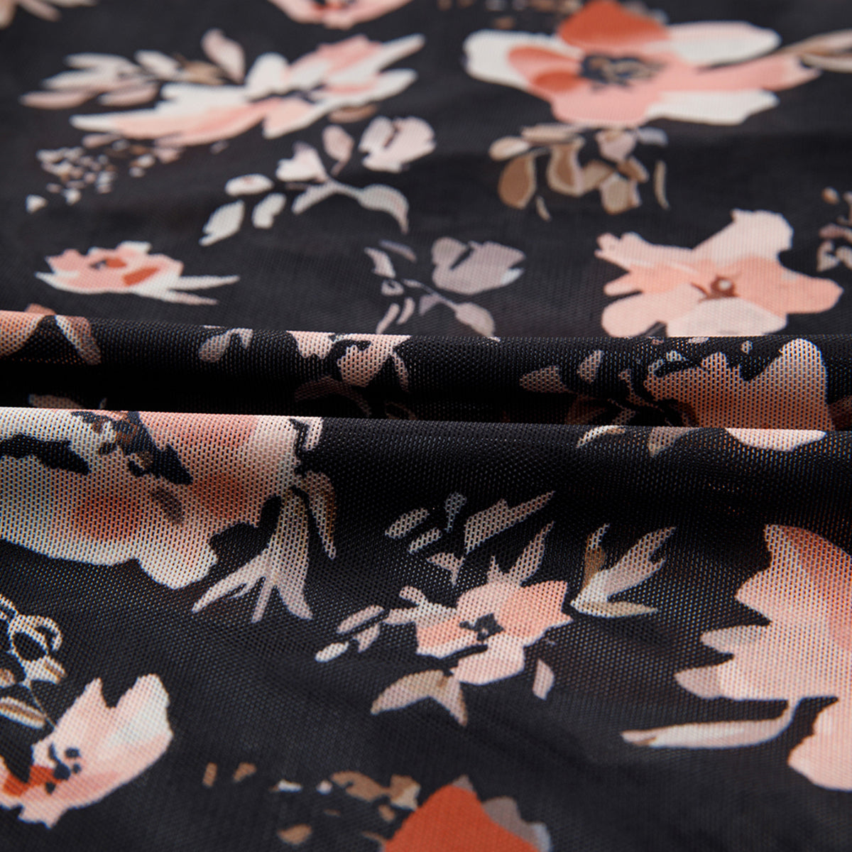 Ladies Black Floral Mesh Mock Neck Long Sleeve Slim Fit Top