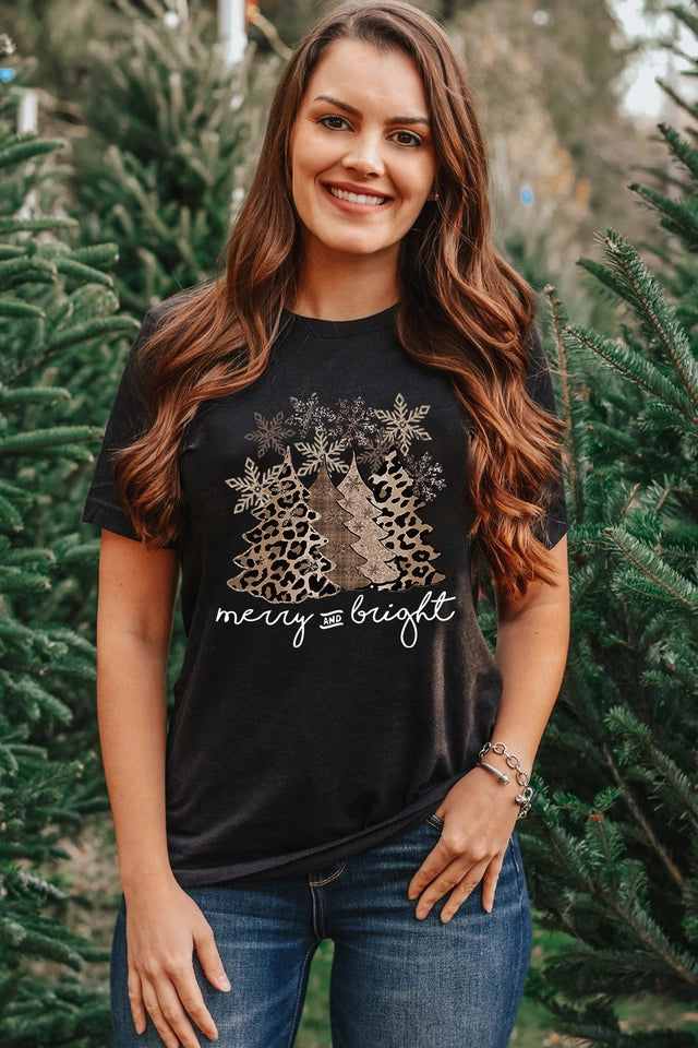 Ladies Leopard Print Christmas Tree Graphic Holiday T Shirt-Black