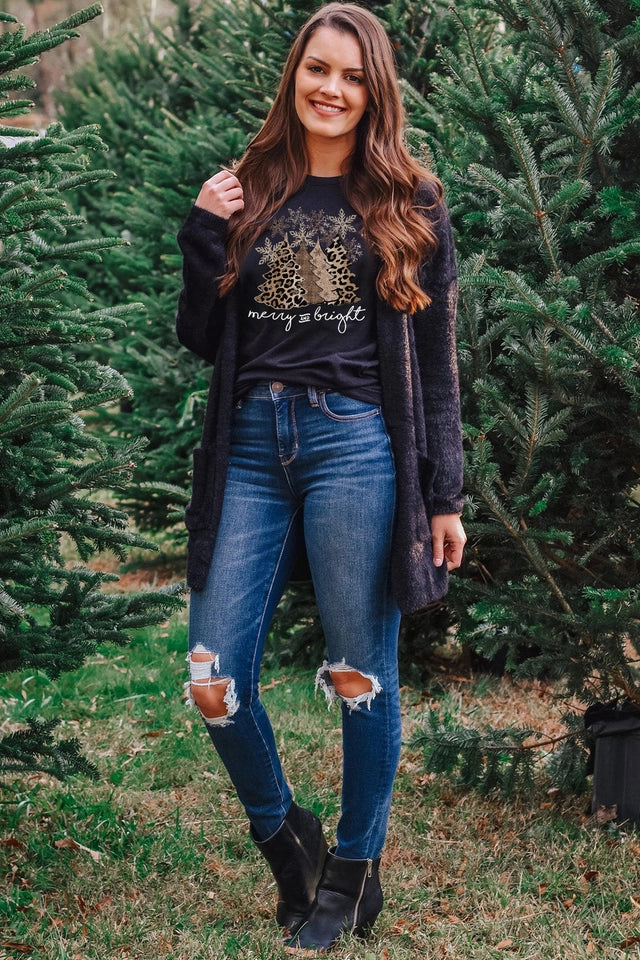 Ladies Leopard Print Christmas Tree Graphic Holiday T Shirt-Black