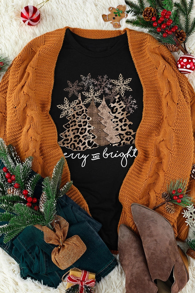 Ladies Leopard Print Christmas Tree Graphic Holiday T Shirt-Black