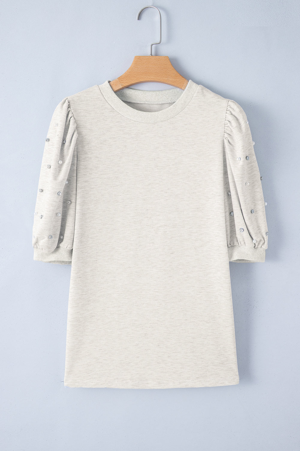 Ladies Light Grey Rhinestone Pearl Puff Half Sleeve Top