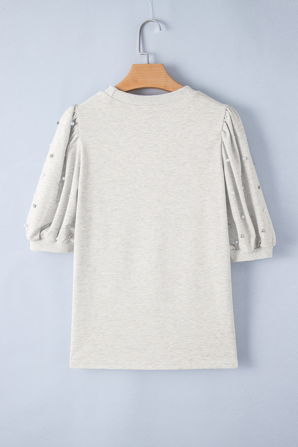 Ladies Light Grey Rhinestone Pearl Puff Half Sleeve Top