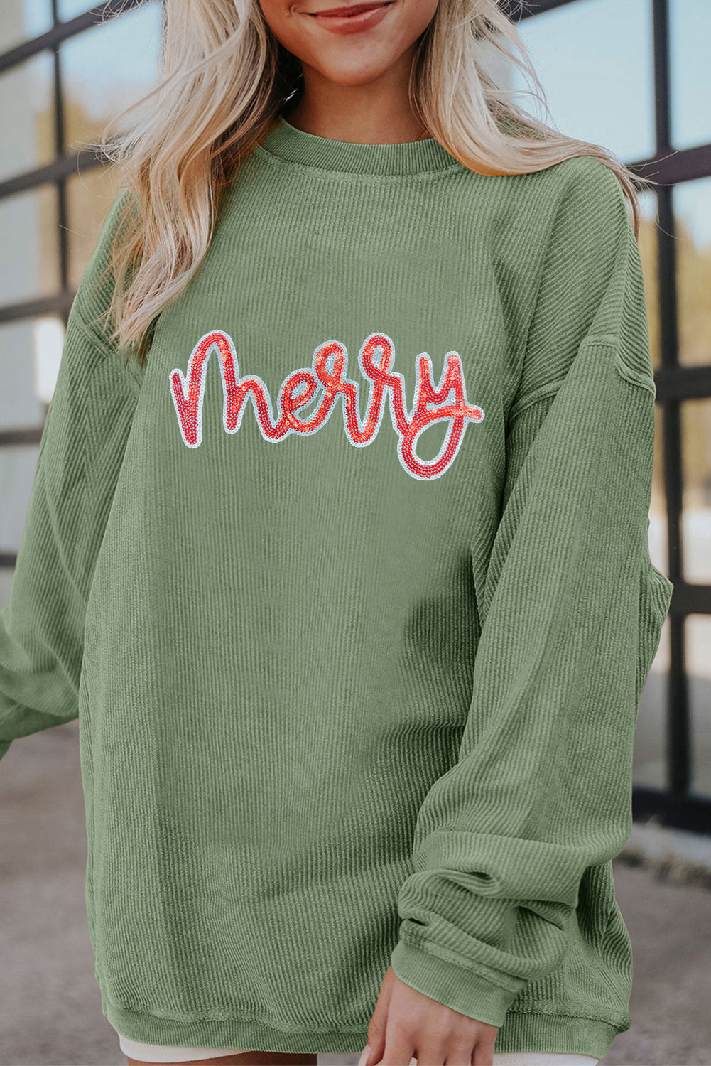 Ladies Grass Green Sequined merry Letter Graphic Twisted Ribbed Baggy Sweatshirt