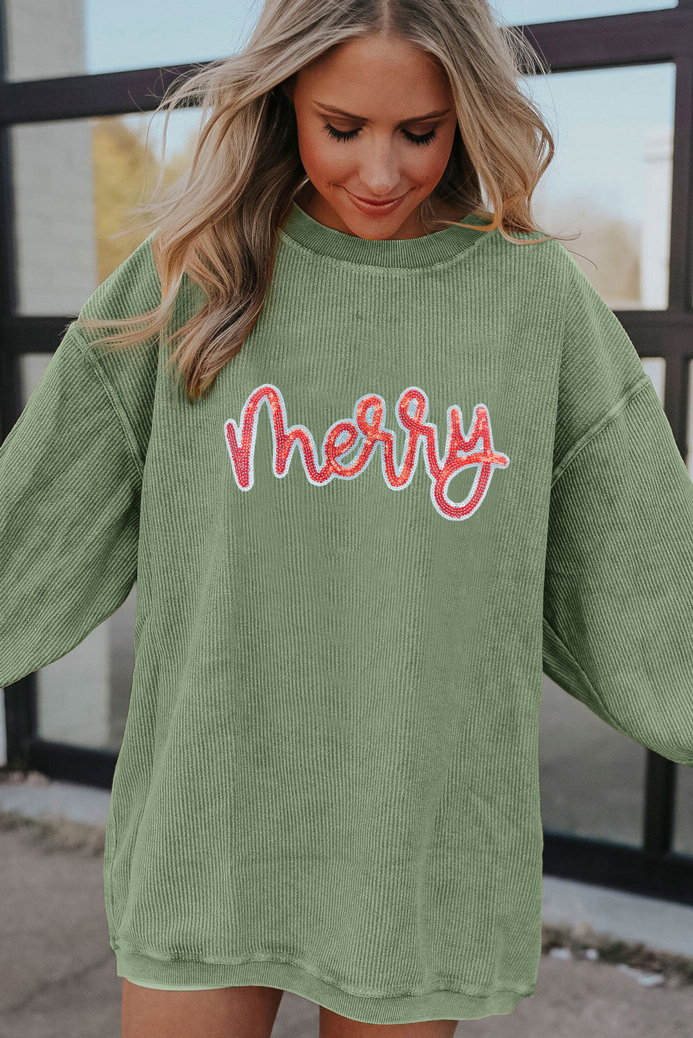 Ladies Grass Green Sequined merry Letter Graphic Twisted Ribbed Baggy Sweatshirt