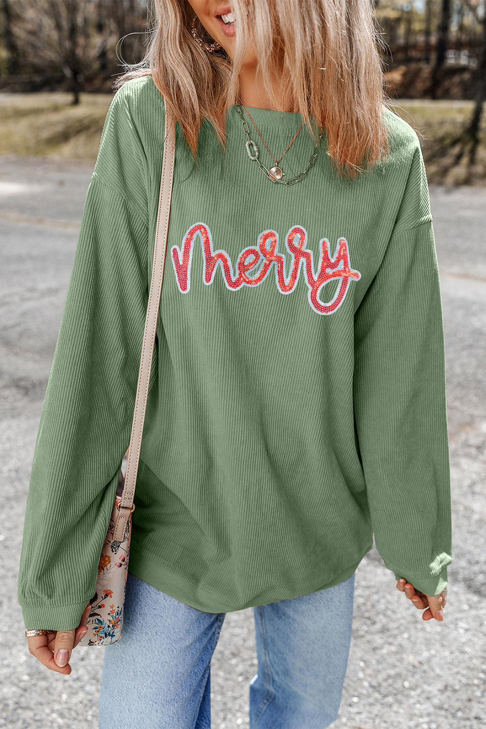 Ladies Grass Green Sequined merry Letter Graphic Twisted Ribbed Baggy Sweatshirt