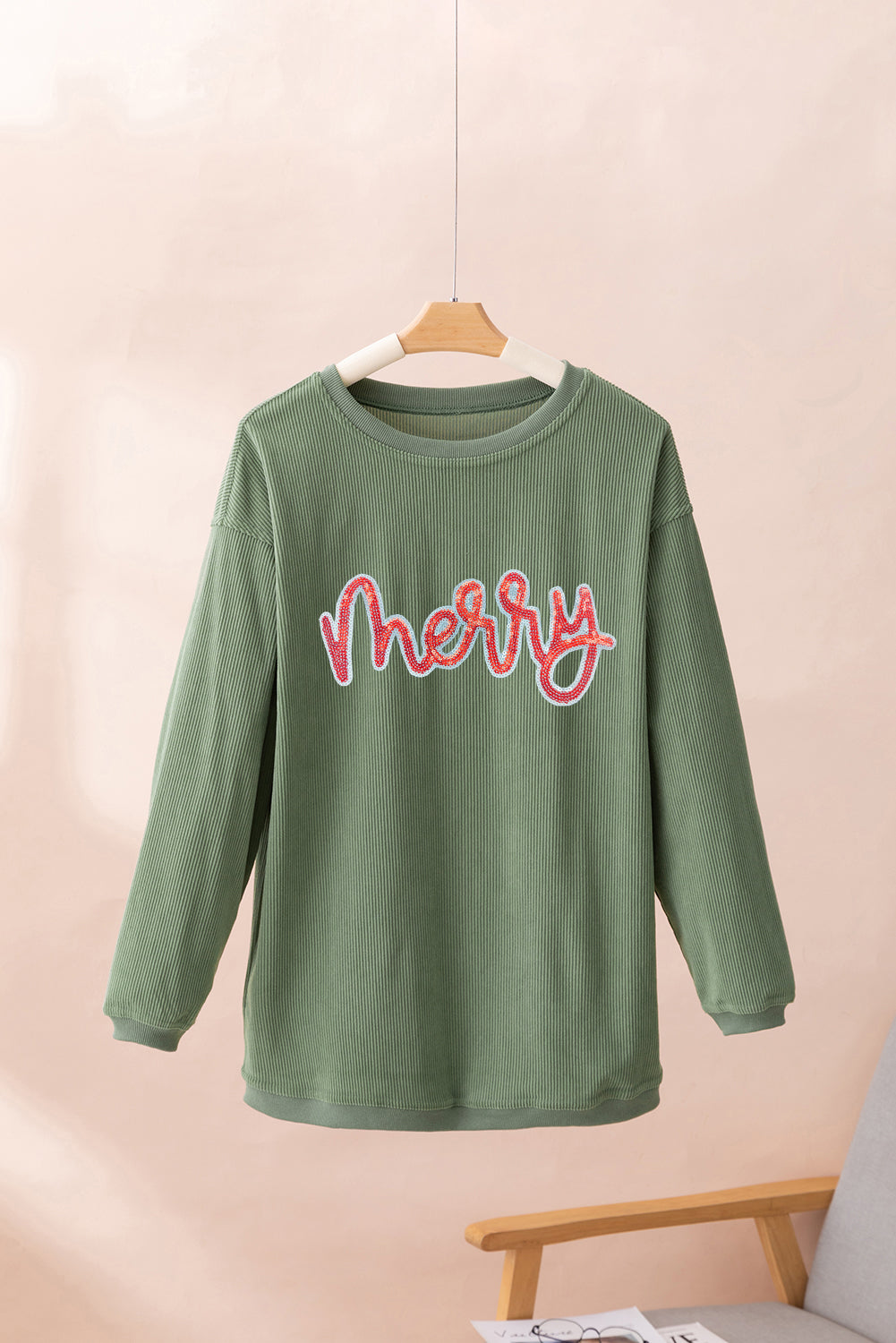 Ladies Grass Green Sequined merry Letter Graphic Twisted Ribbed Baggy Sweatshirt