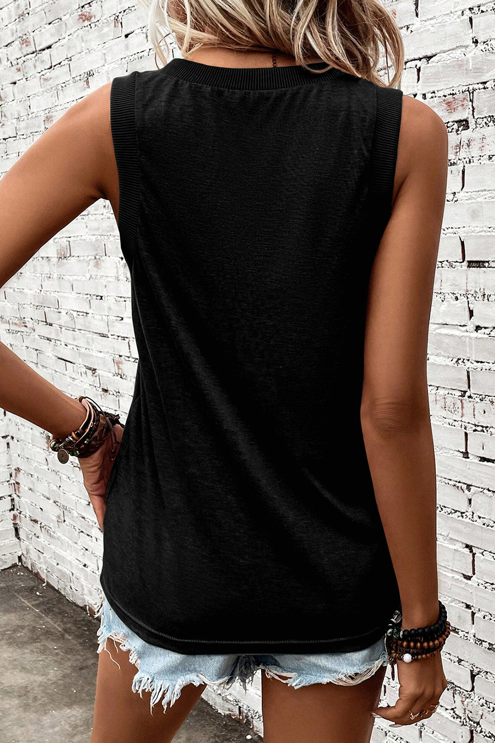 Ladies Black Ribbed V Neck Tank