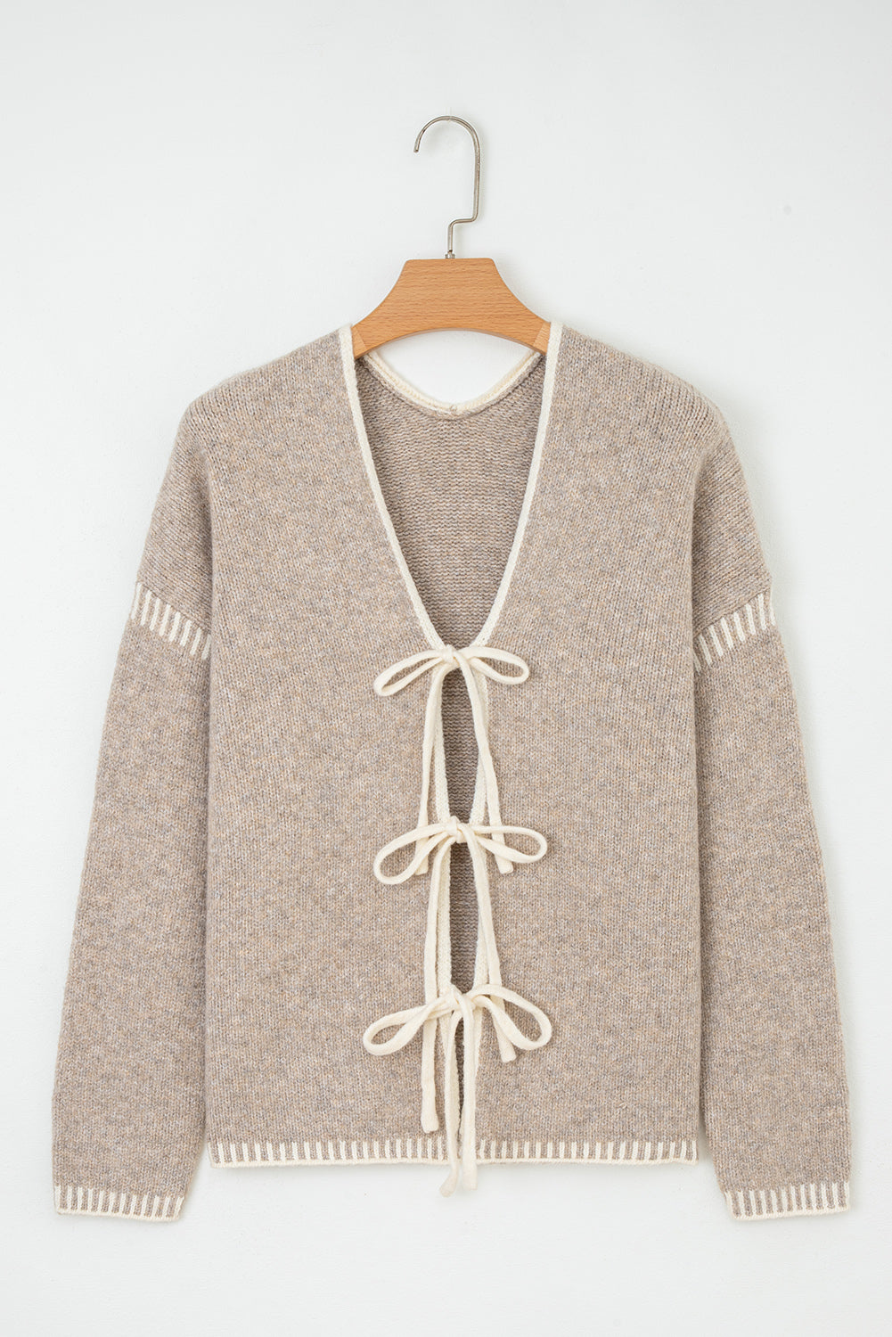 Ladies Pale Khaki Tied Front Drop Shoulder Chunky Casual Cardigan