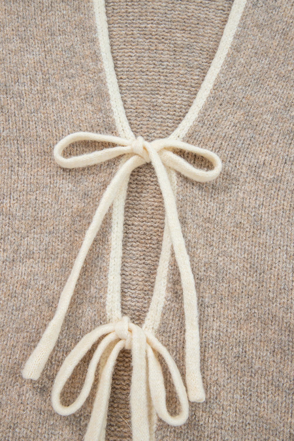 Ladies Pale Khaki Tied Front Drop Shoulder Chunky Casual Cardigan