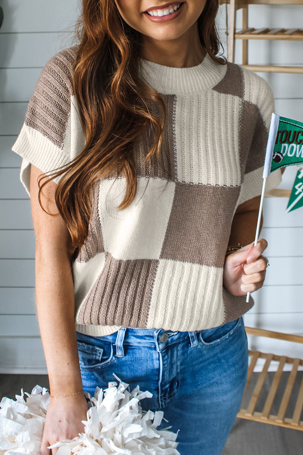 Ladies Khaki Checkered Color Block Crew Neck Short Sleeve Sweater