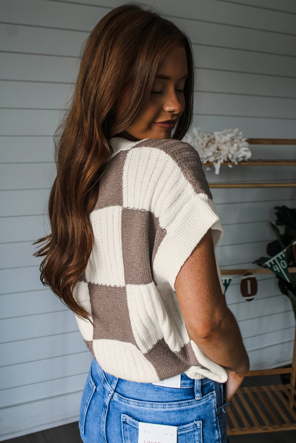 Ladies Khaki Checkered Color Block Crew Neck Short Sleeve Sweater